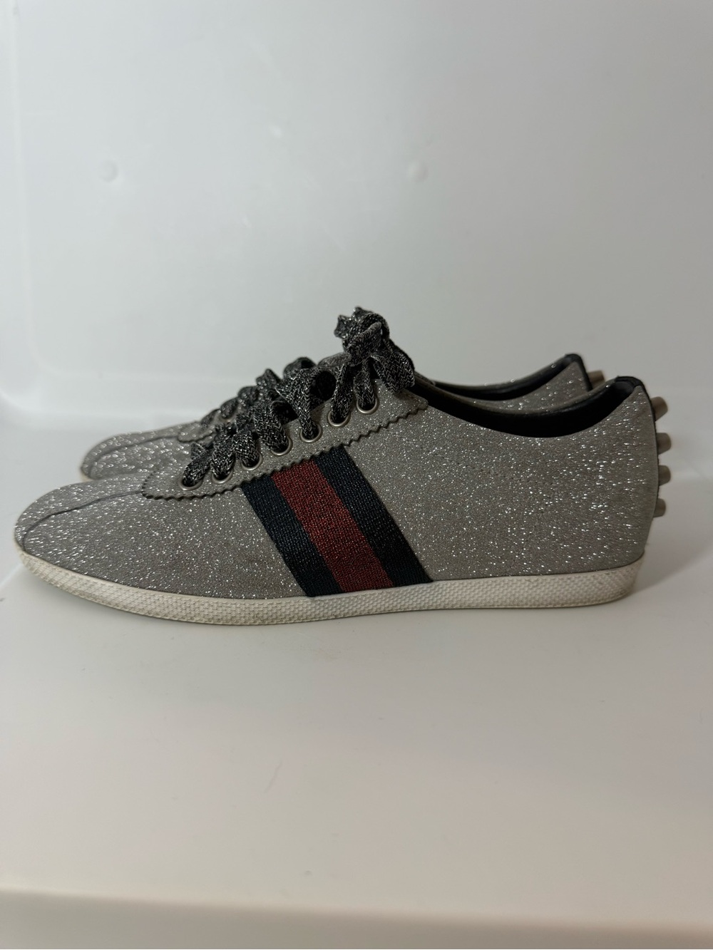 Gucci silver Glitter Sneakers with Red end black web stripe
